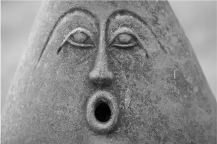 Close-up of a stone sculpture with a shocked facial expression, featuring wide eyes and an open circular mouth.