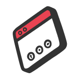 Icon of a tilted web browser window with a red top bar and three circular elements below.