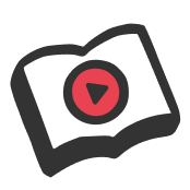Open book icon with a red play button in the center.